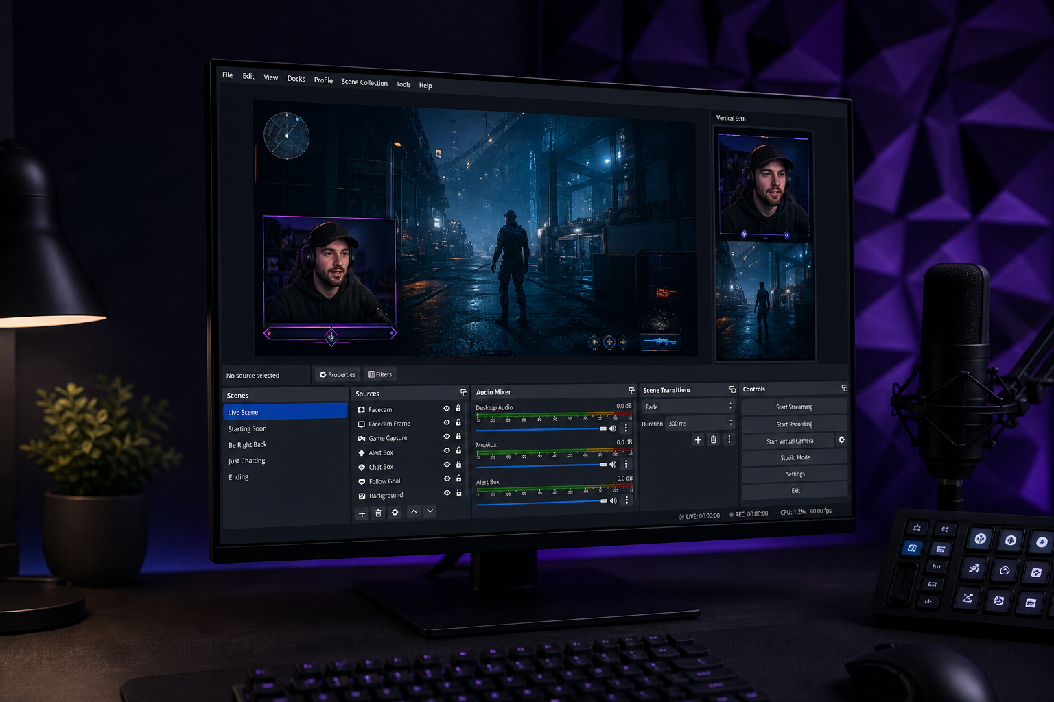 Estación profesional con OBS Studio configurado para streaming horizontal y vertical