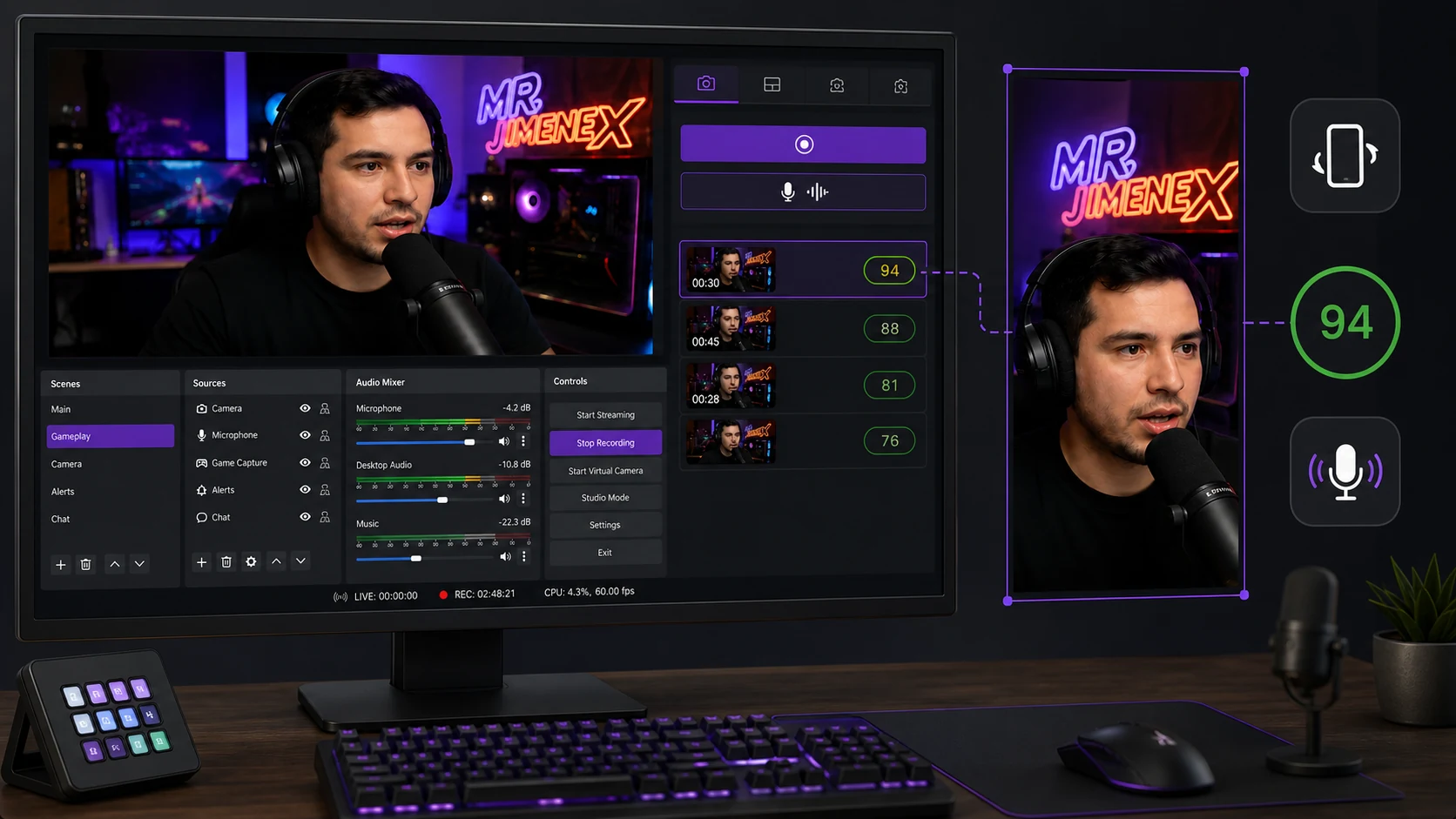 Production workstation showing vertical clips, social scoring, and voice capture in ClipXtudio