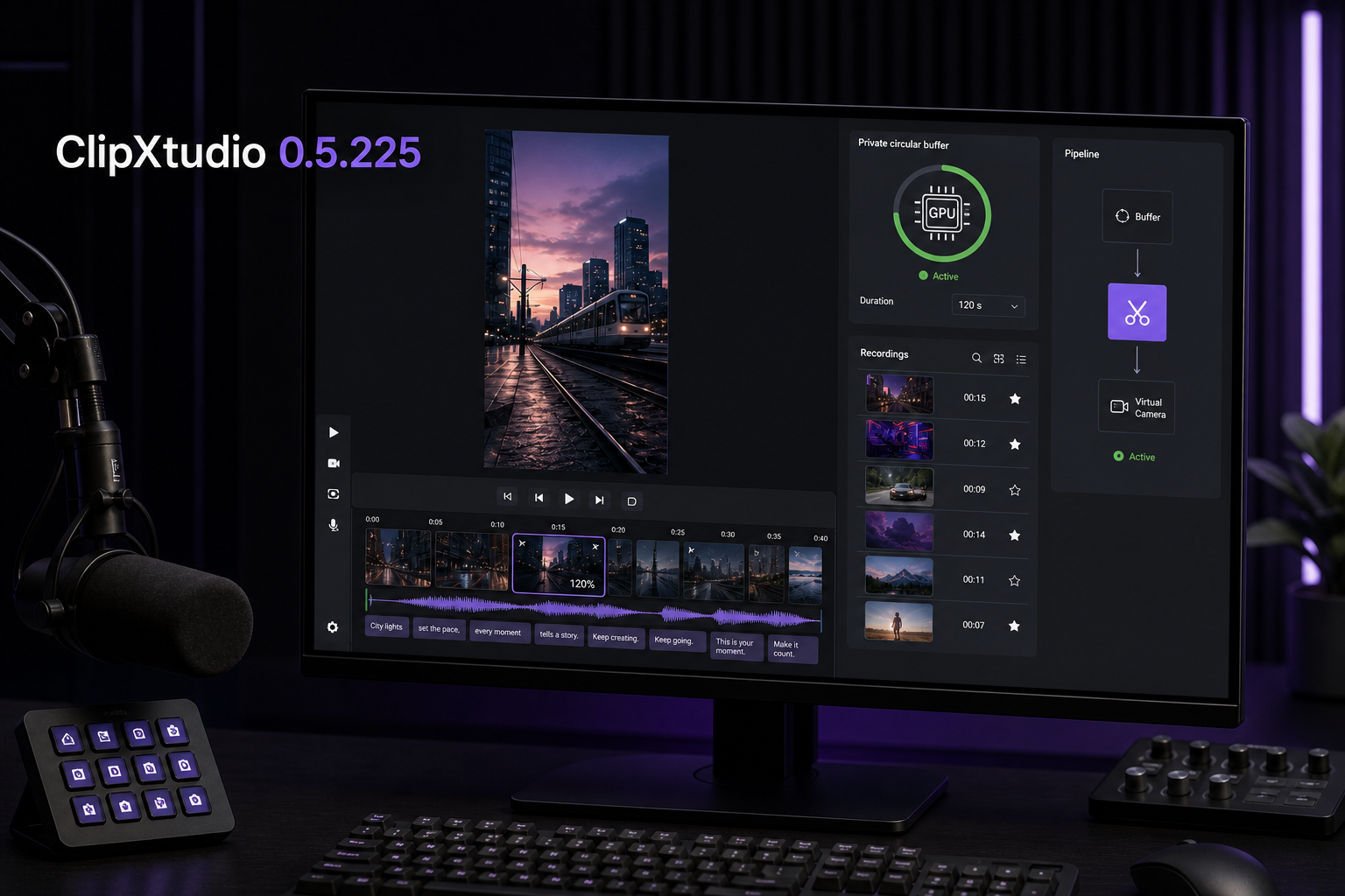 Streaming workstation with the vertical editor, recordings, and configurable private buffer in ClipXtudio 0.5.225