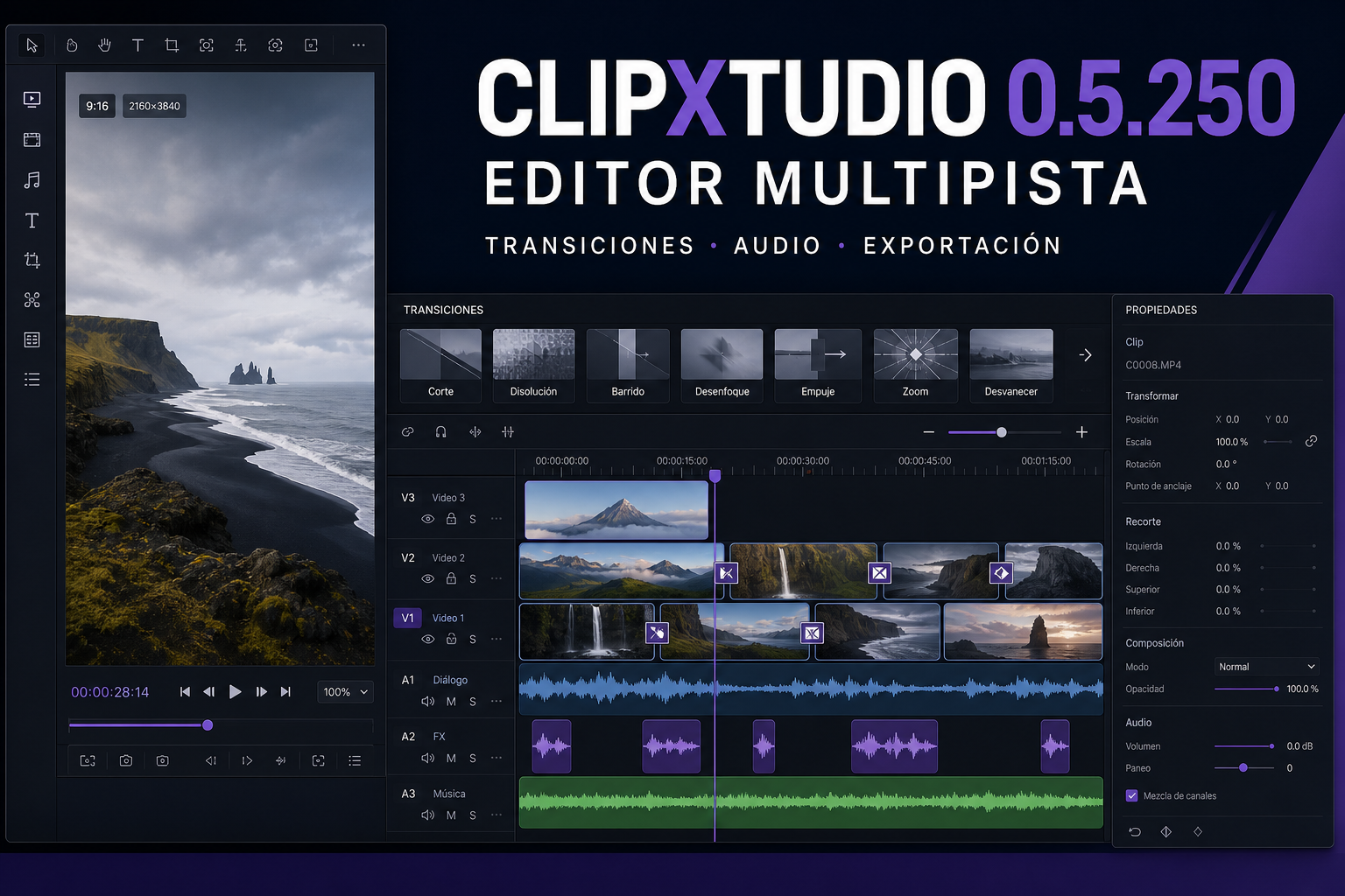 ClipXtudio 0.5.250 multitrack editor with vertical preview, transitions, effects, music, and timeline