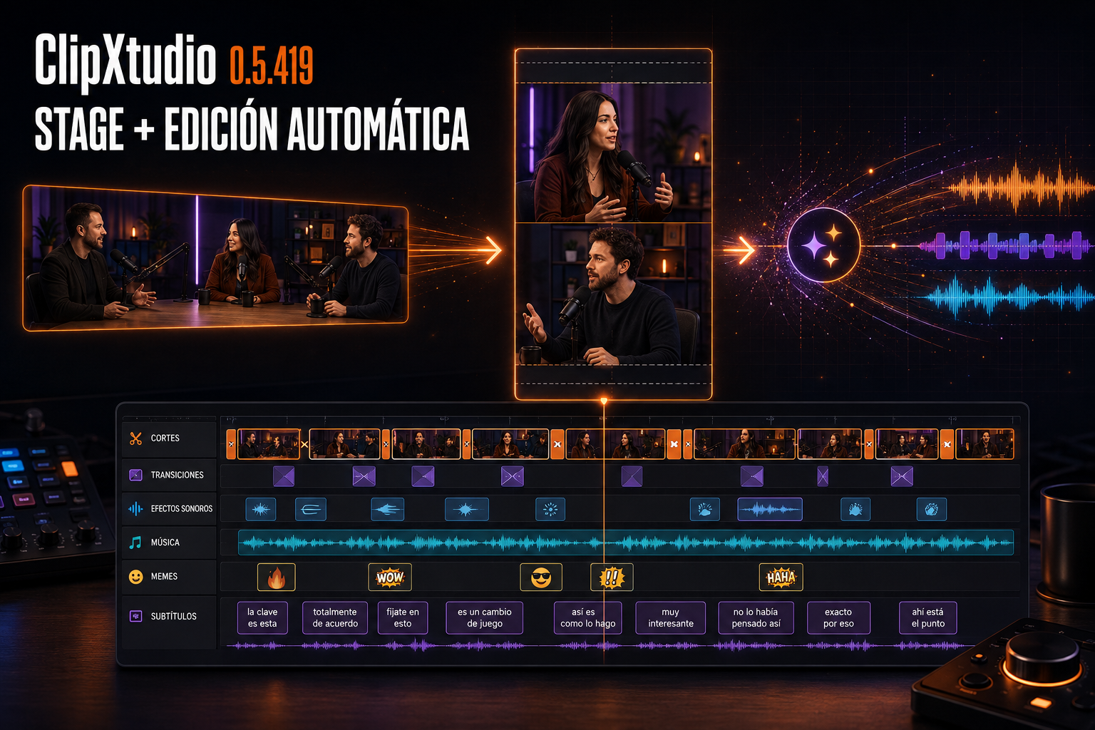 ClipXtudio Stage turning a horizontal podcast into a vertical clip with automatic multitrack editing