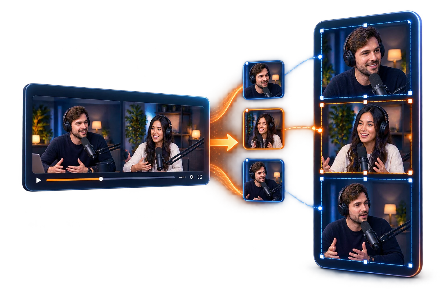 Horizontal recording converted into a vertical video with three editable crops