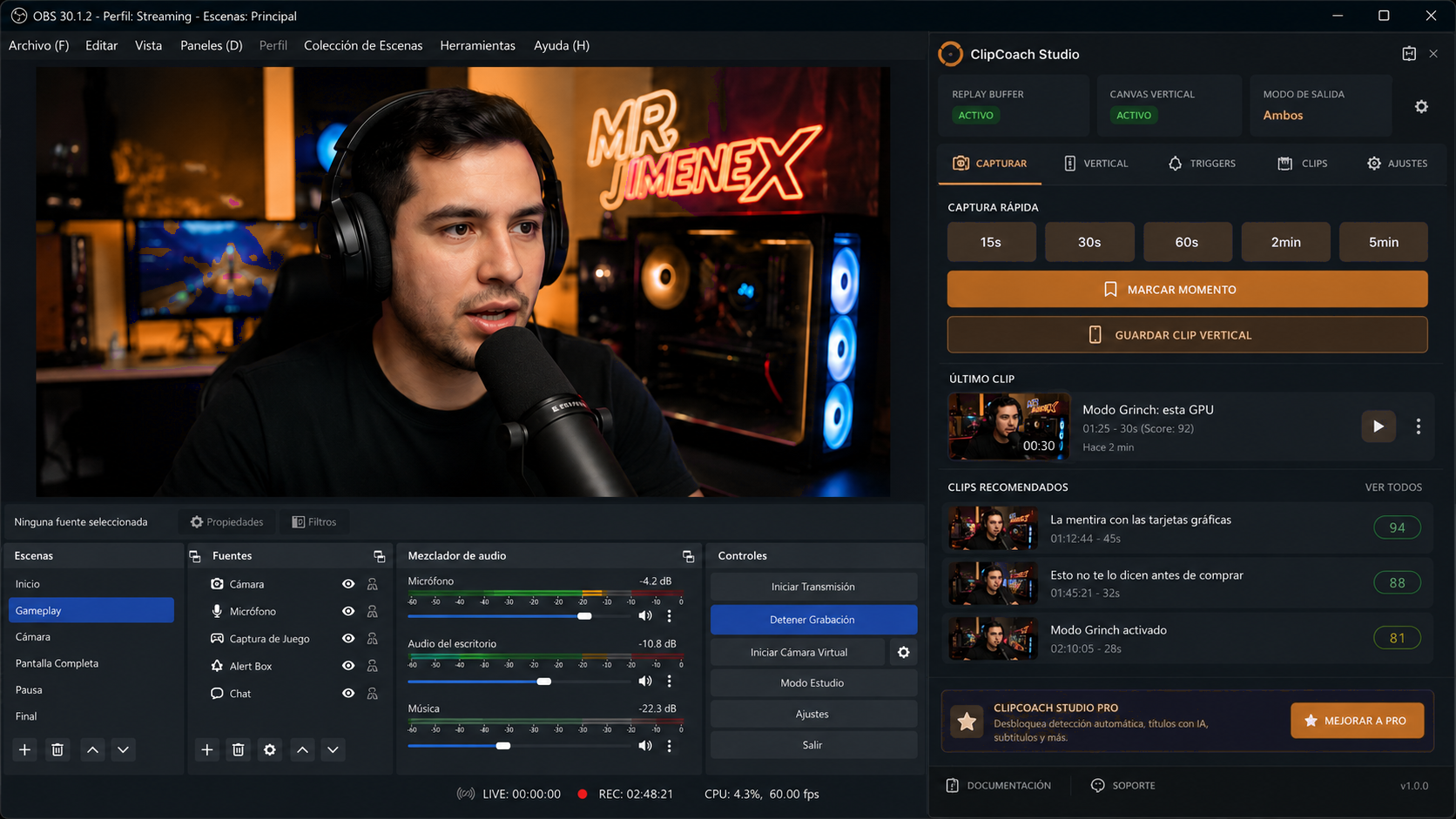 ClipXtudio capture dock running inside OBS Studio