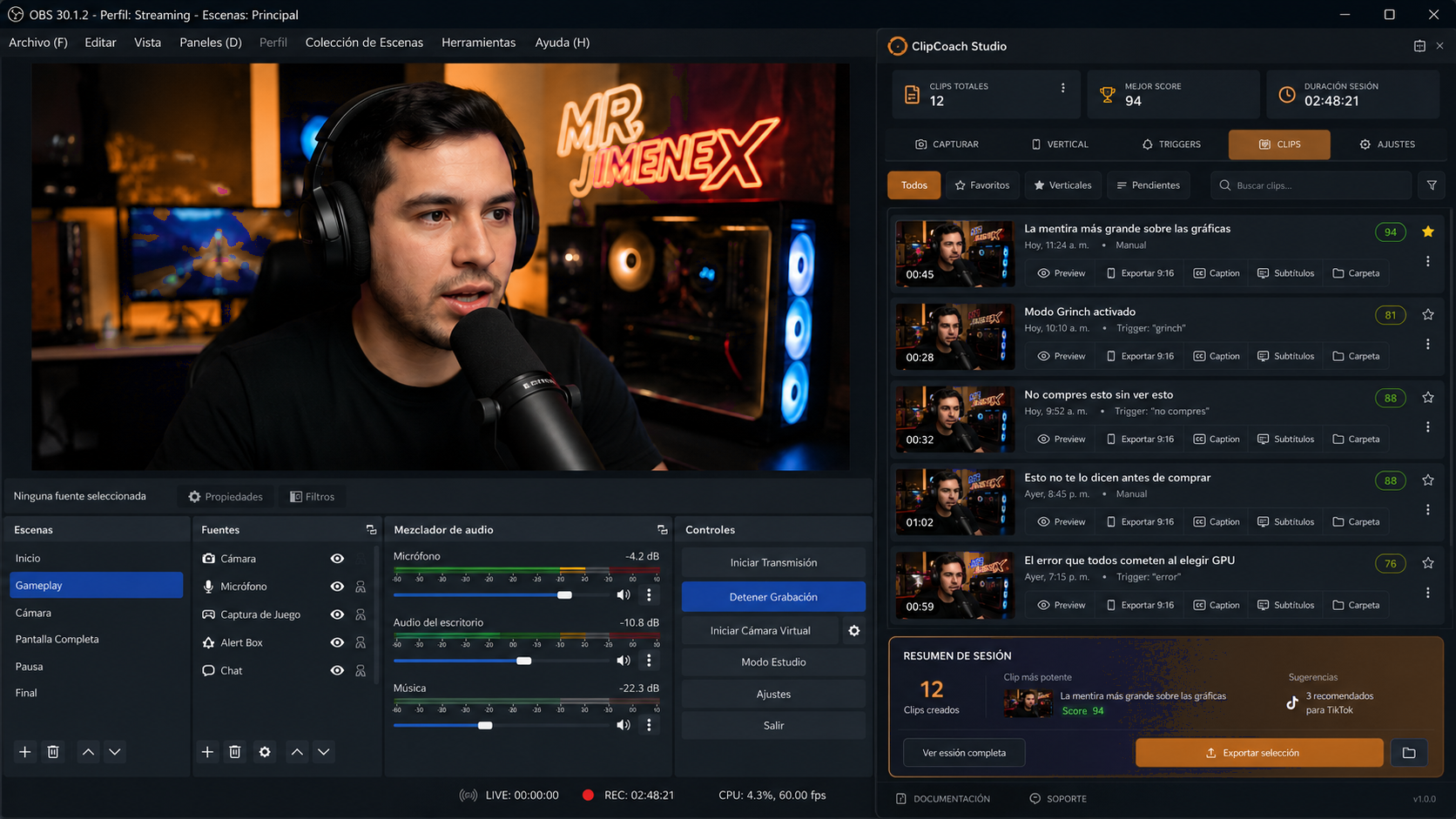 ClipXtudio production workspace inside OBS Studio