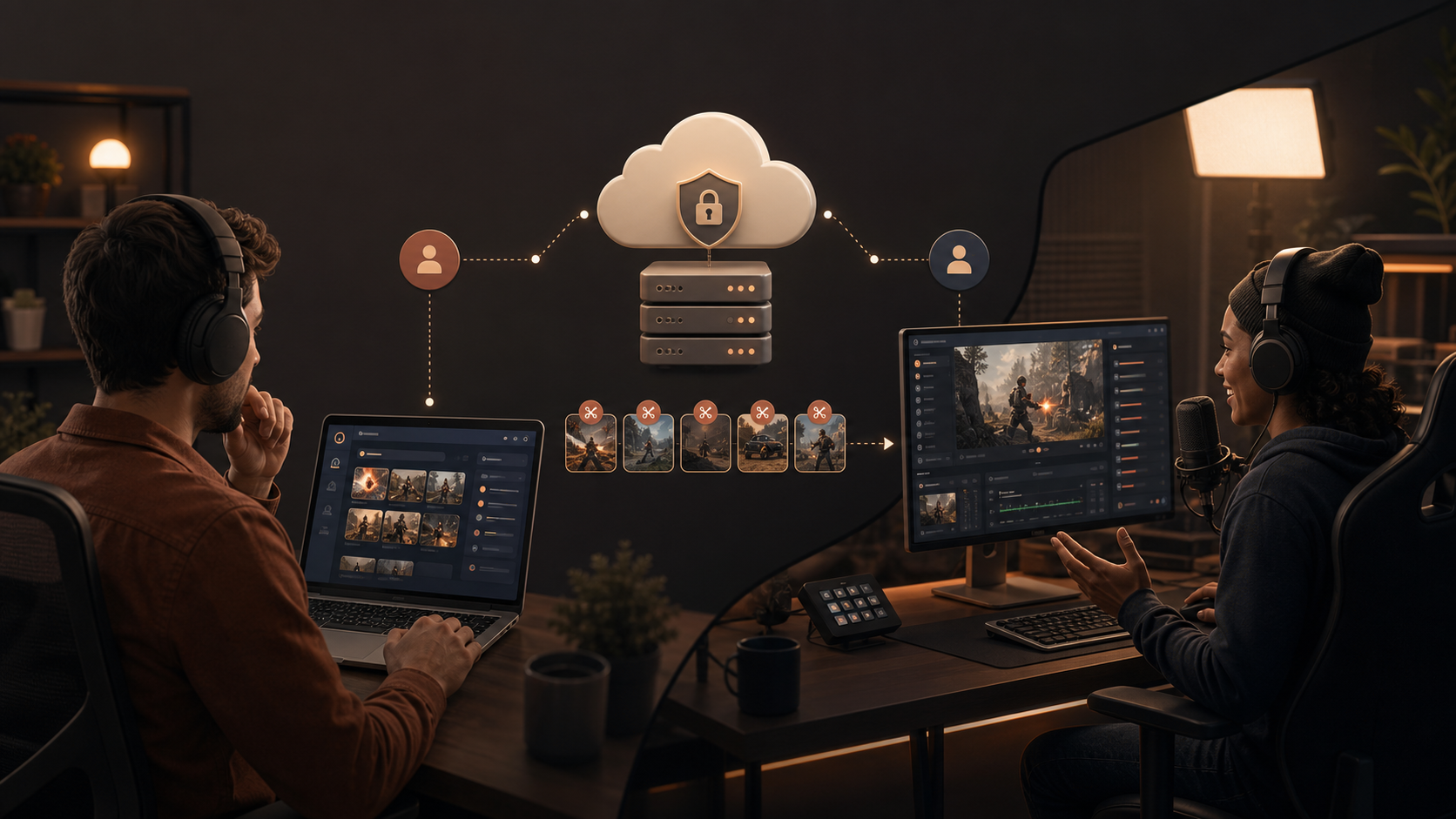 A remote editor and streamer collaborating securely through ClipXtudio Hub