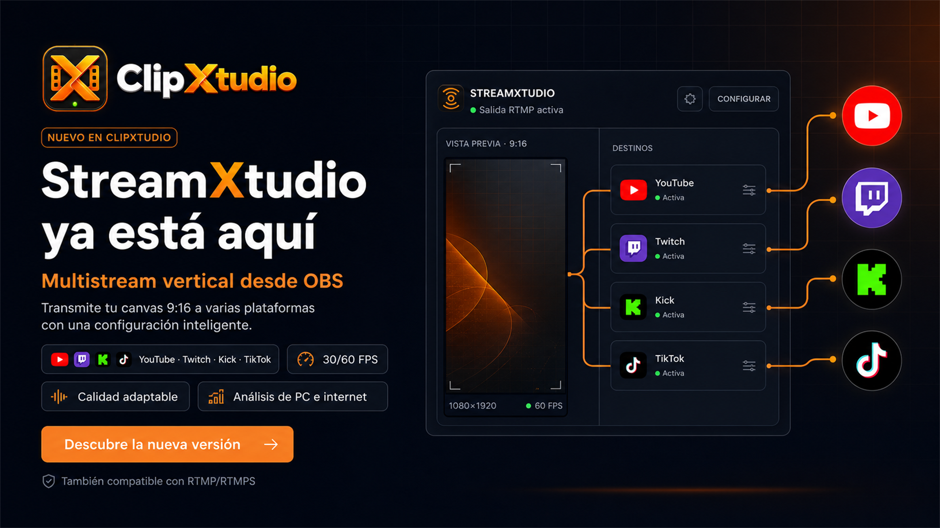 StreamXtudio sending ClipXtudio’s vertical canvas to YouTube, Twitch, Kick and TikTok